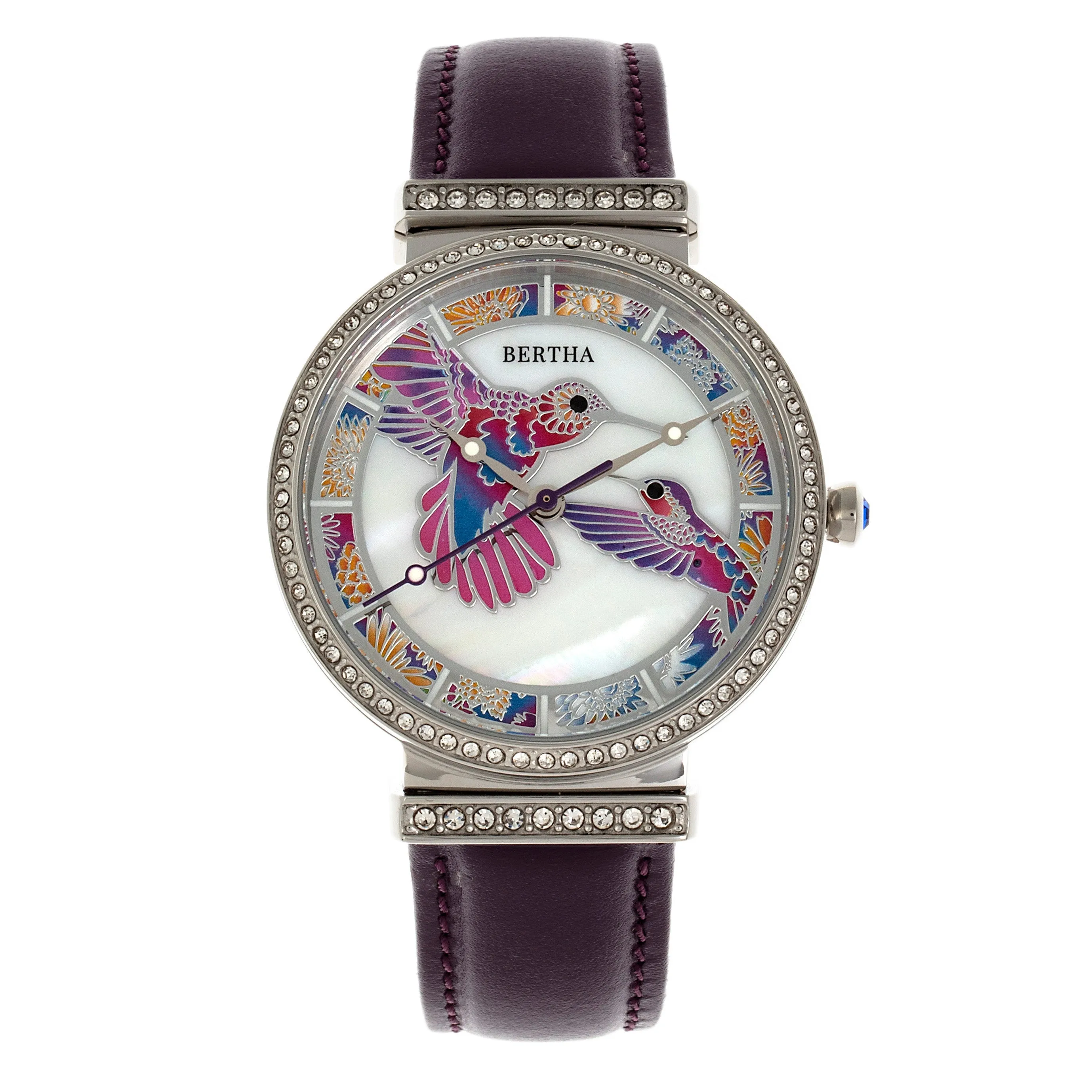 Bertha Emily Mother-Of-Pearl Leather-Band Watch - Silver/Purple