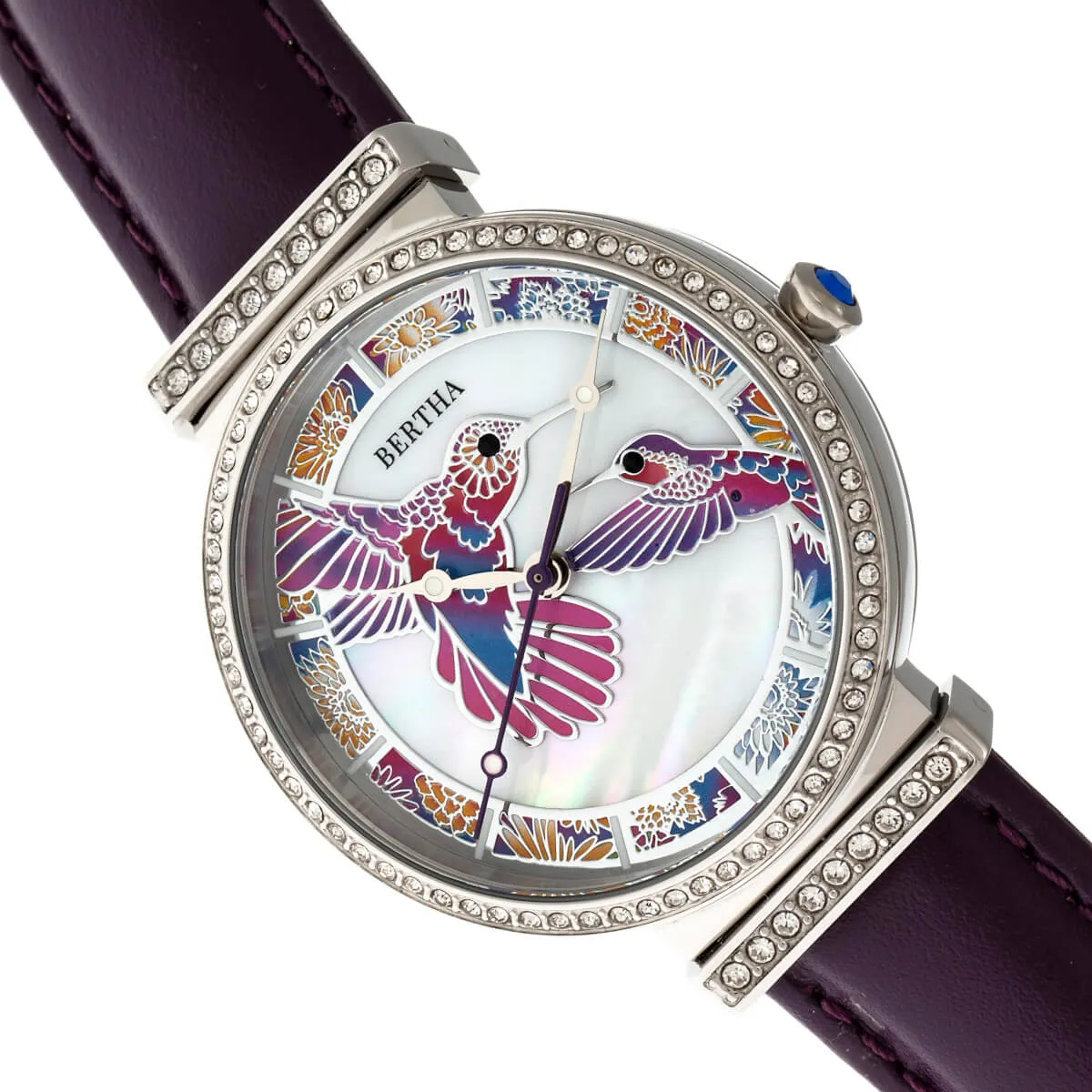 Bertha Emily Mother-Of-Pearl Leather-Band Watch - Silver/Purple