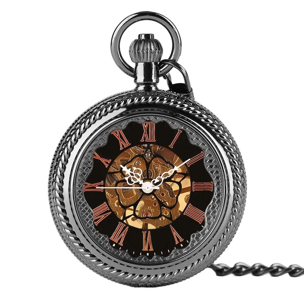 Black Glass Front Mechanical Hand Wind Pocket Watch