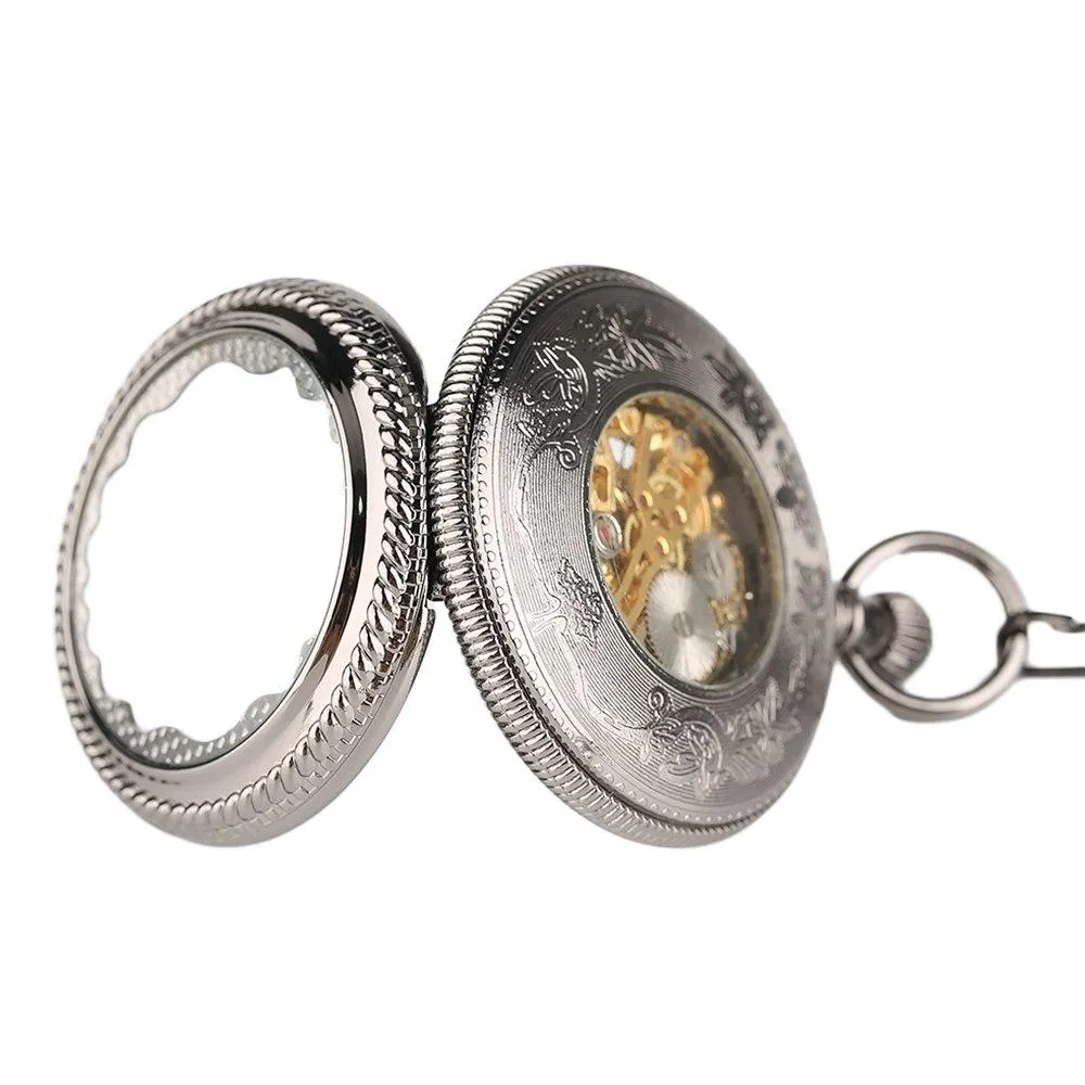 Black Glass Front Mechanical Hand Wind Pocket Watch