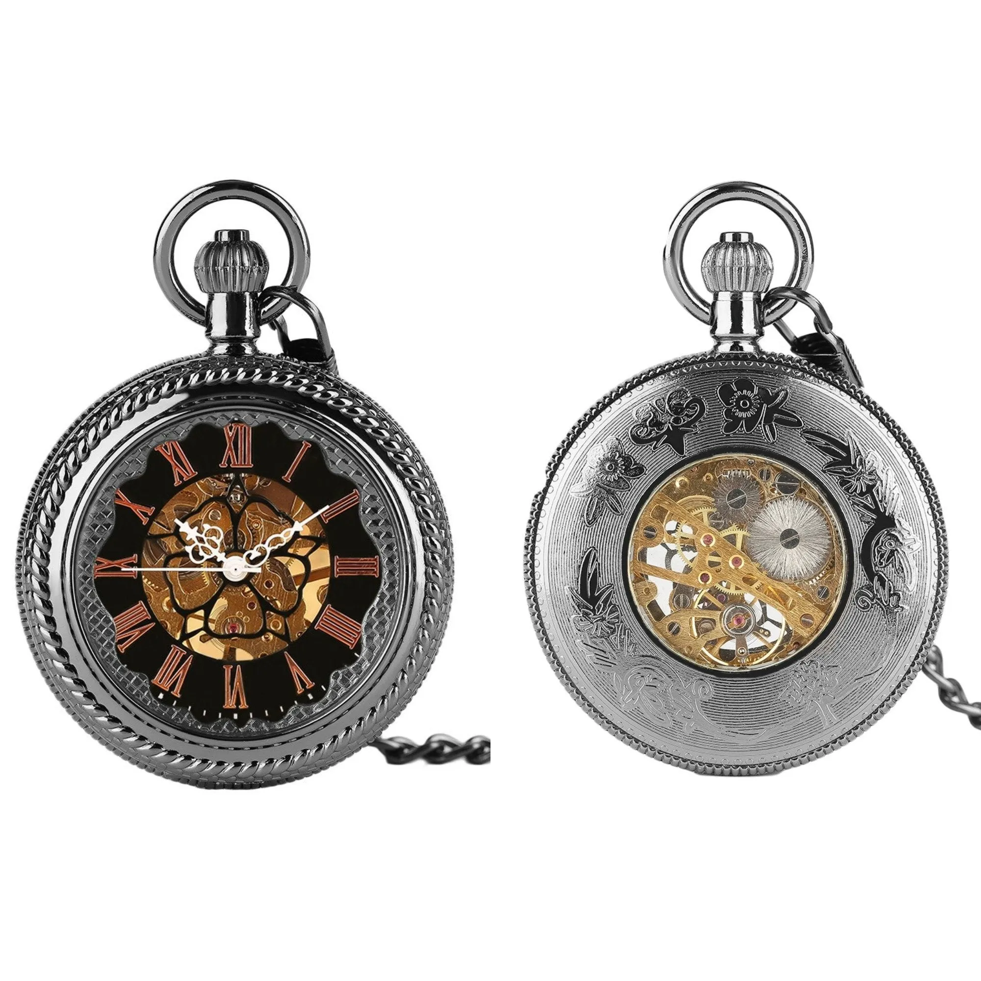 Black Glass Front Mechanical Hand Wind Pocket Watch