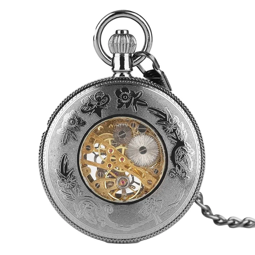 Black Glass Front Mechanical Hand Wind Pocket Watch