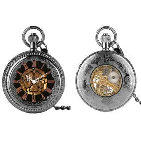 Black Glass Front Mechanical Hand Wind Pocket Watch