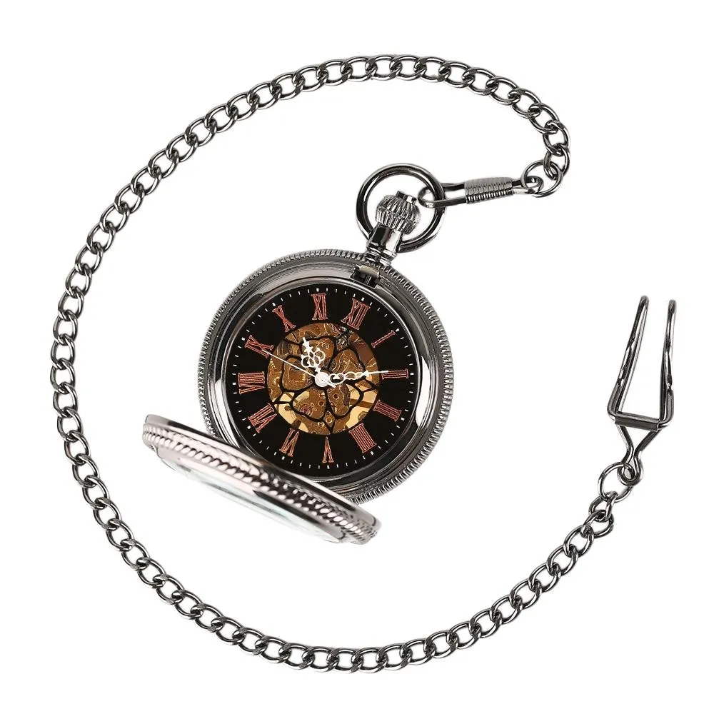 Black Glass Front Mechanical Hand Wind Pocket Watch