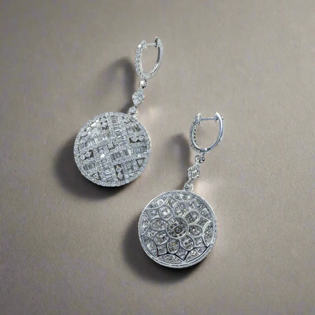 Brioni 7 Carats Round and Baguette Diamond Circle Drop Earrings in 14K White Gold