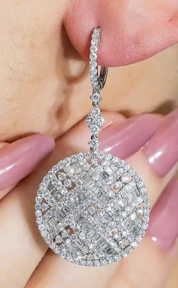 Brioni 7 Carats Round and Baguette Diamond Circle Drop Earrings in 14K White Gold