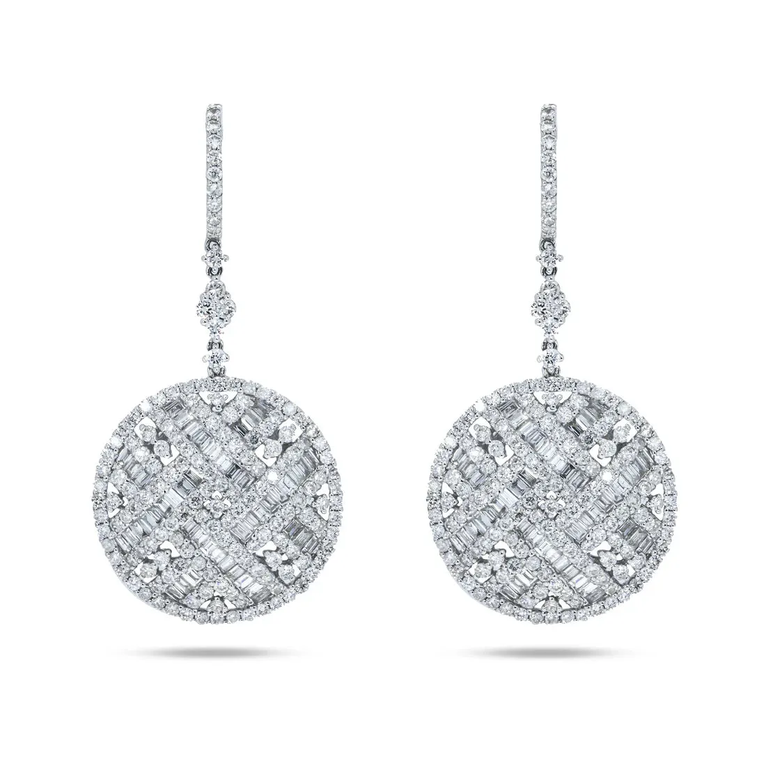 Brioni 7 Carats Round and Baguette Diamond Circle Drop Earrings in 14K White Gold