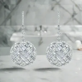 Brioni 7 Carats Round and Baguette Diamond Circle Drop Earrings in 14K White Gold