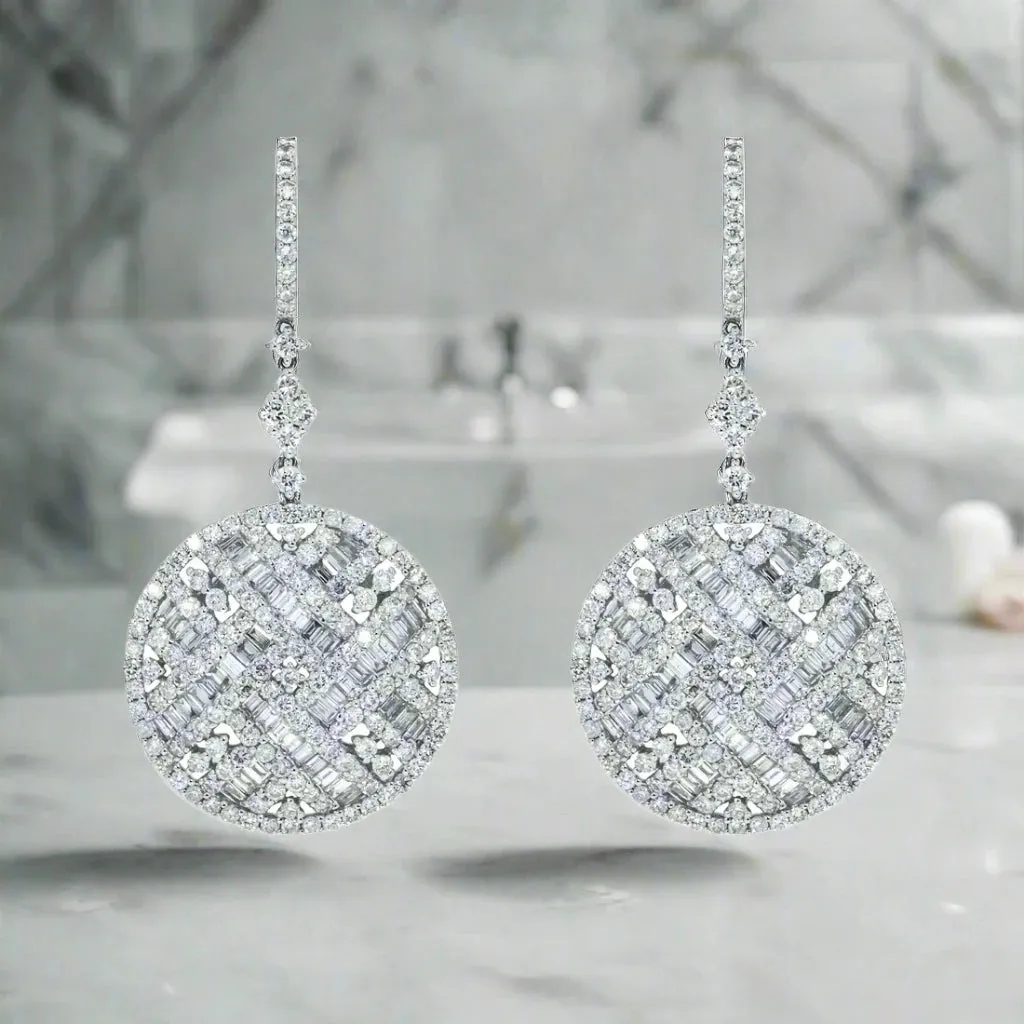 Brioni 7 Carats Round and Baguette Diamond Circle Drop Earrings in 14K White Gold