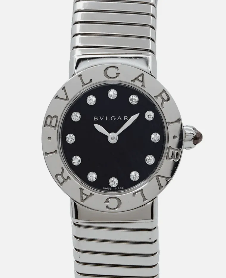 BVLGARI Tubogas 12P Diamond Black Dial Ladies Cuff Watch