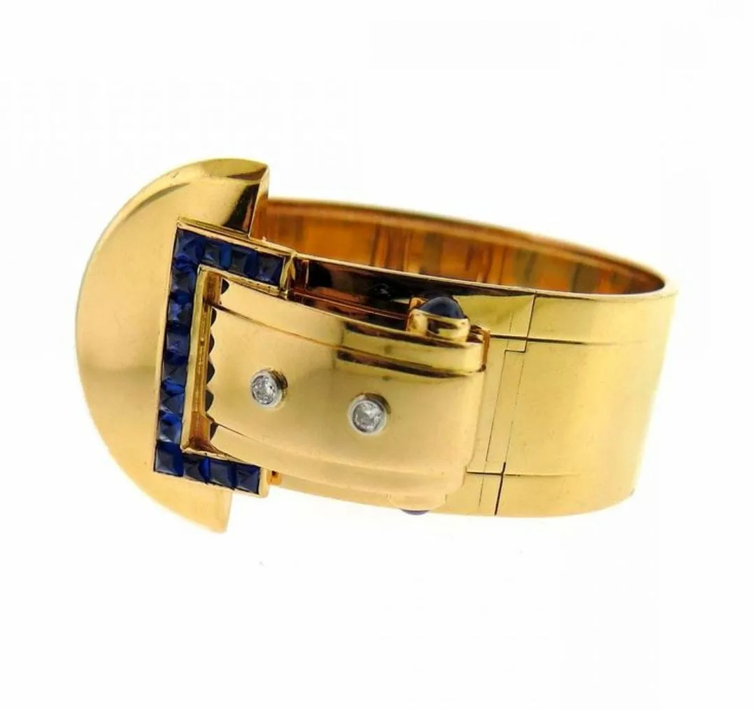 Cartier 14K Gold Sapphire Diamond Buckle Bangle Bracelet ASC5511