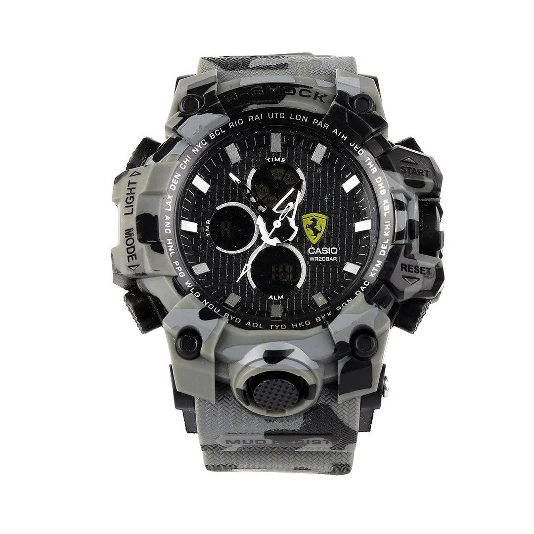 casio g-shock grey and black-camo analog digital chronograph dial