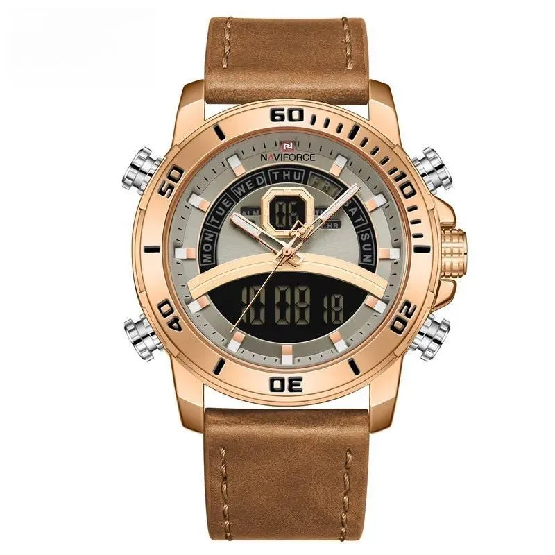 Casual Fashion Watches Mens Luminous Digital Day and Date Display Alarm Leather Waterproof Men Watch
