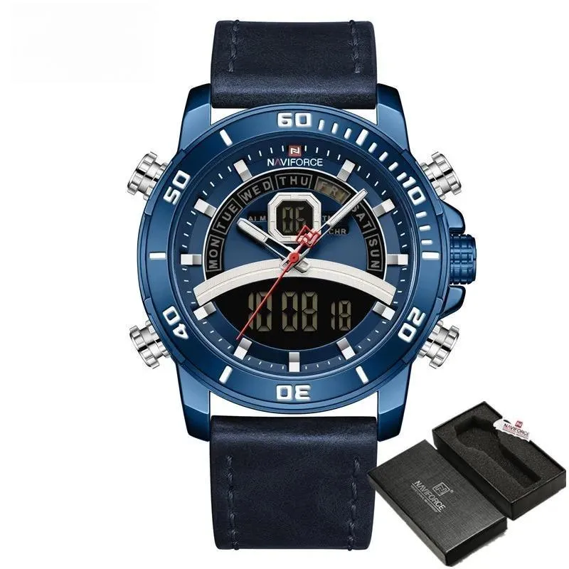 Casual Fashion Watches Mens Luminous Digital Day and Date Display Alarm Leather Waterproof Men Watch