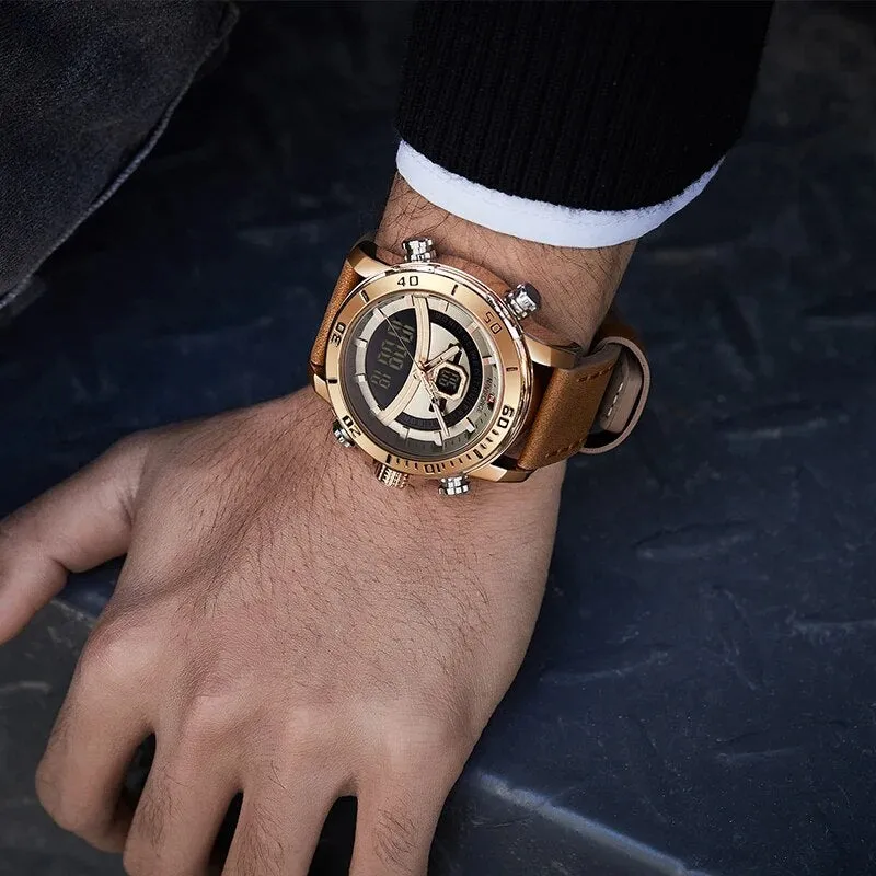 Casual Fashion Watches Mens Luminous Digital Day and Date Display Alarm Leather Waterproof Men Watch