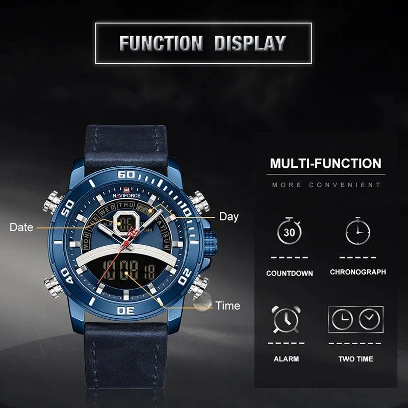 Casual Fashion Watches Mens Luminous Digital Day and Date Display Alarm Leather Waterproof Men Watch