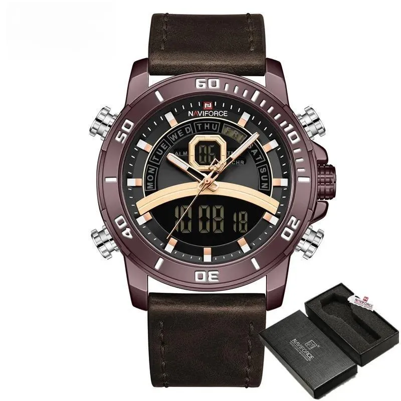 Casual Fashion Watches Mens Luminous Digital Day and Date Display Alarm Leather Waterproof Men Watch
