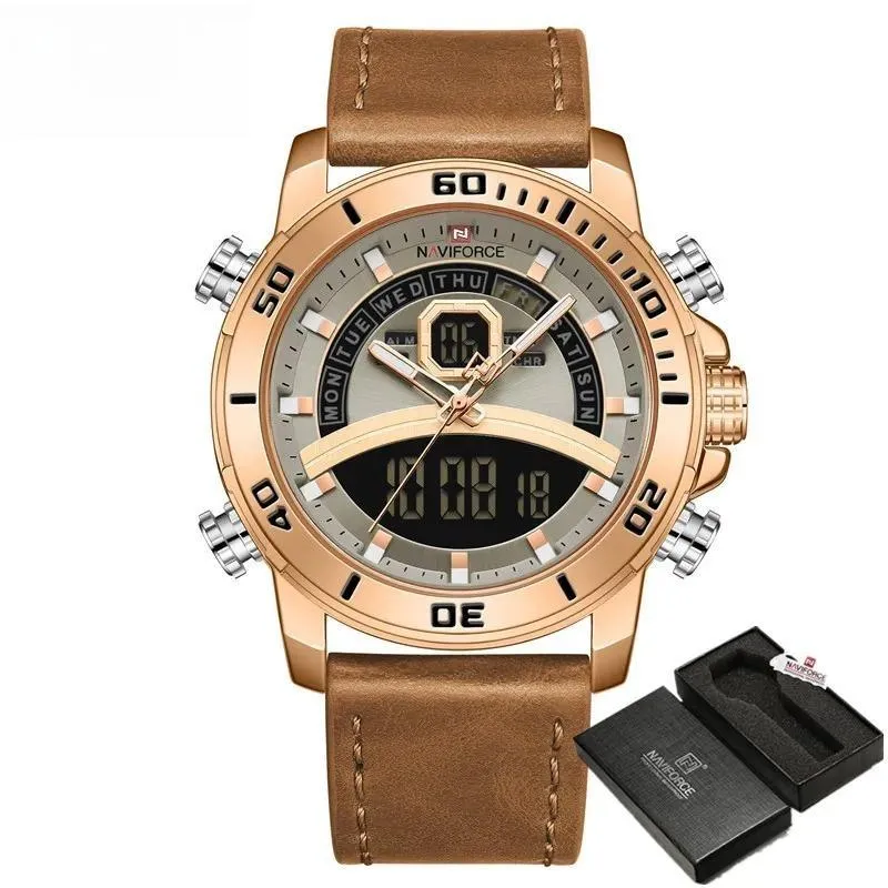 Casual Fashion Watches Mens Luminous Digital Day and Date Display Alarm Leather Waterproof Men Watch