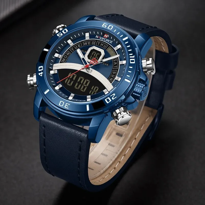 Casual Fashion Watches Mens Luminous Digital Day and Date Display Alarm Leather Waterproof Men Watch