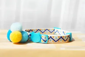 Cat Collar-Adjustable Blue with Blue and Yellow PomPoms and Bell