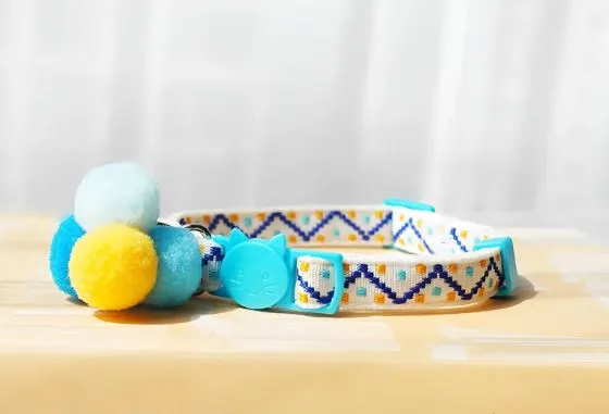 Cat Collar-Adjustable Blue with Blue and Yellow PomPoms and Bell