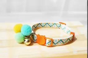 Cat Collar-Orange with Green, Blue, and Yellow PomPoms plus bell
