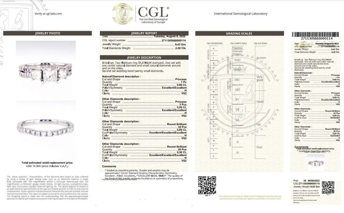 Certified 2.30 CT Round and Princess Cut Diamond Bridal Set in Platinum