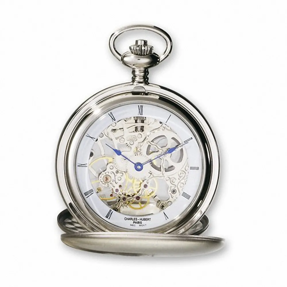 Charles Hubert Paris: White Skeleton Dial Chrome-Tone Brass Pocket Watch 3780-W