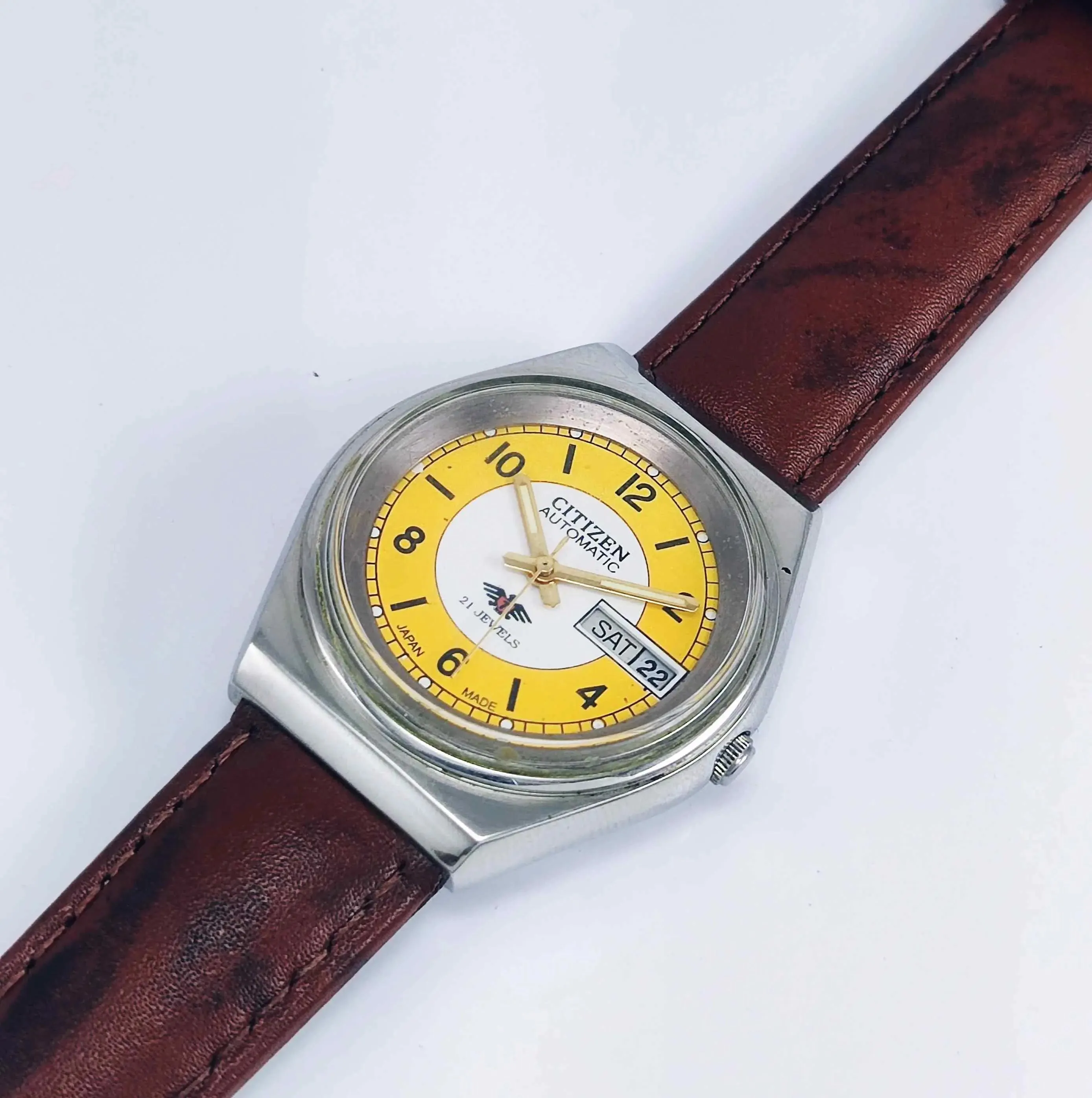 Citizen Automatic 8200 White-Yellow Dial 21 Jewels Day Date Men's Mechanical Watch