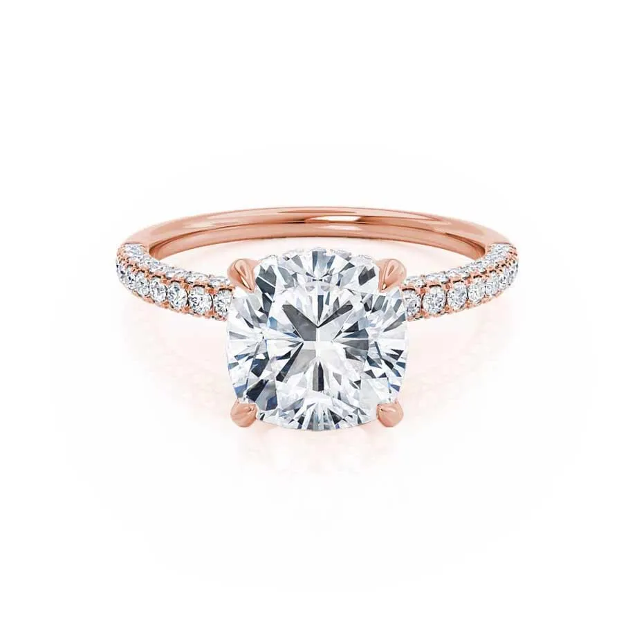 COCO - Cushion Cut Lab Diamond 18k Rose Gold Petite Hidden Halo Triple Pavé