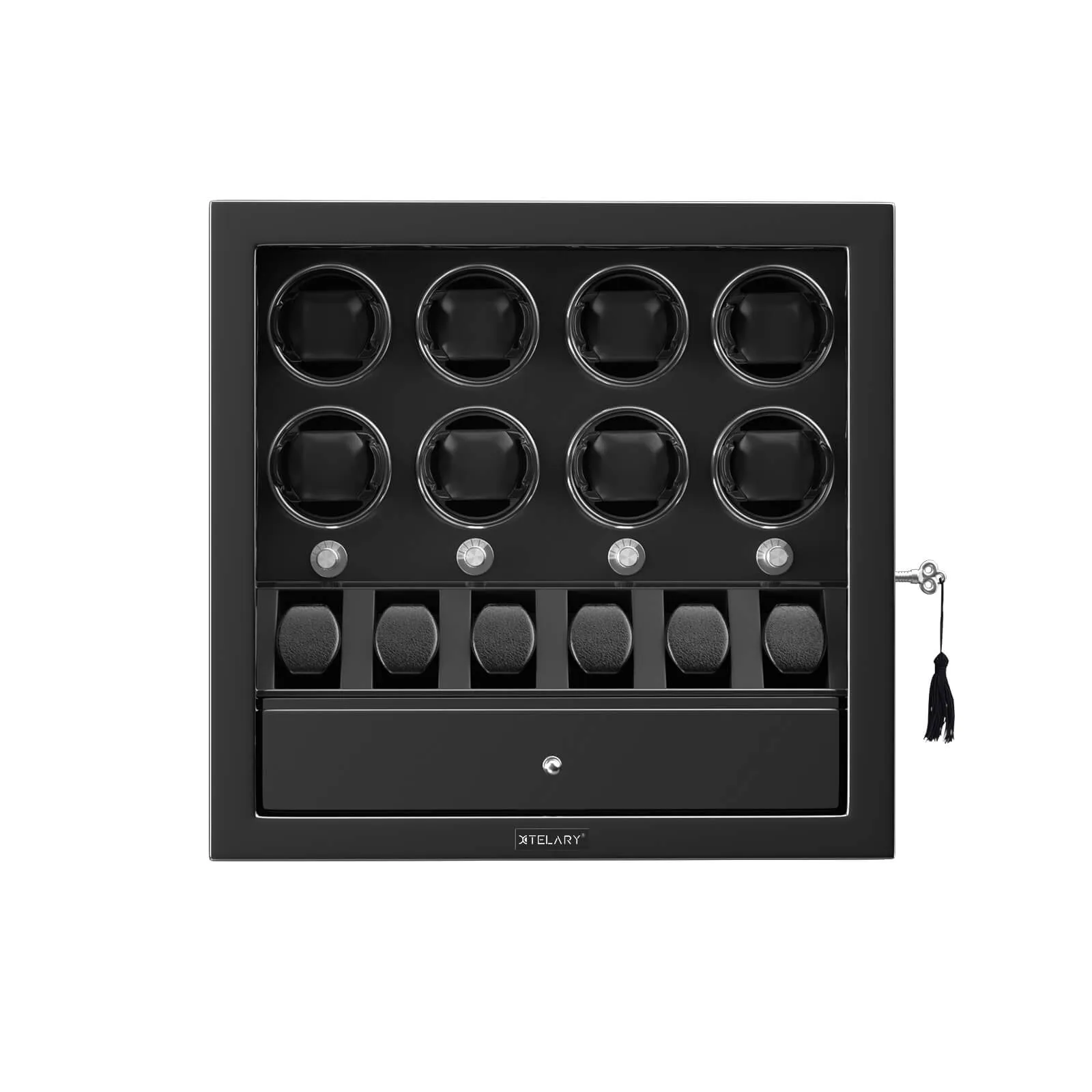 Compact 8 Watch Winders with 6 Watches Organizer Display Case- Black