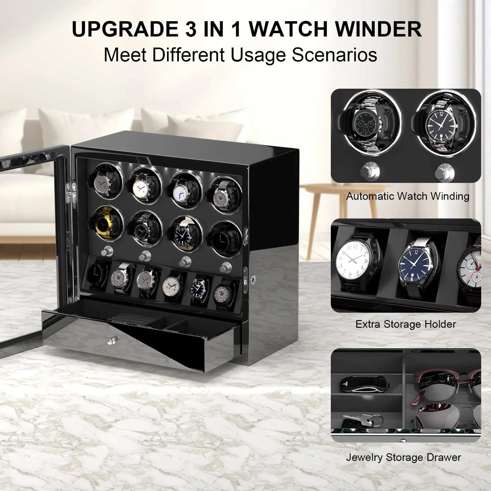 Compact 8 Watch Winders with 6 Watches Organizer Display Case- Black