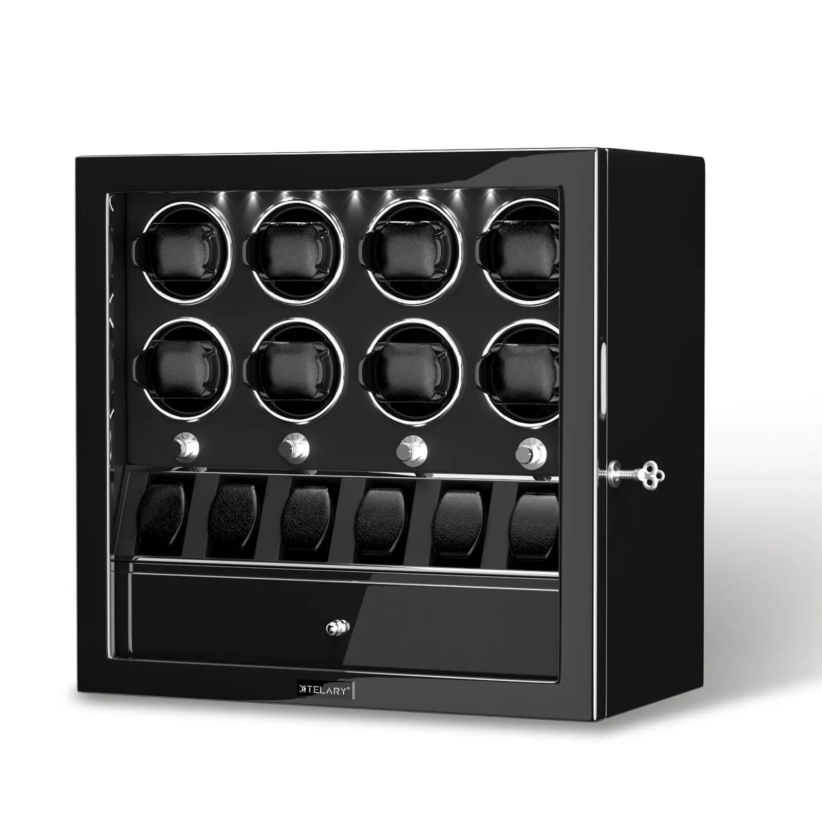 Compact 8 Watch Winders with 6 Watches Organizer Display Case- Black