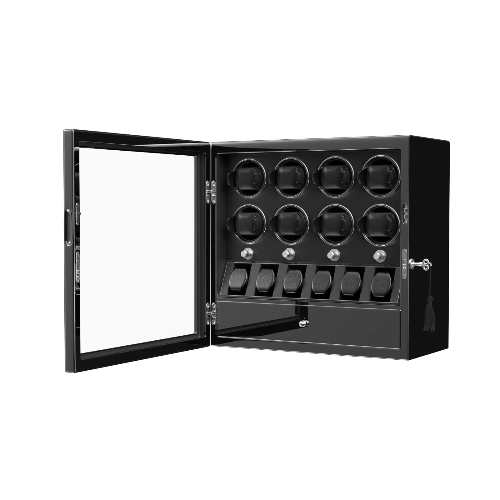 Compact 8 Watch Winders with 6 Watches Organizer Display Case- Black