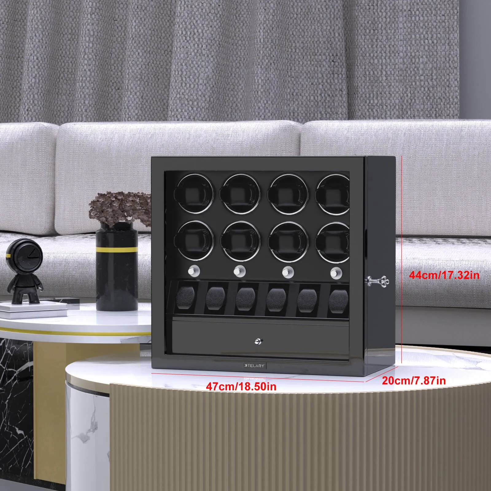 Compact 8 Watch Winders with 6 Watches Organizer Display Case- Black