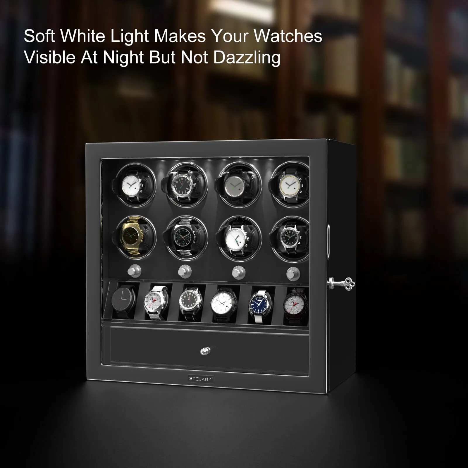 Compact 8 Watch Winders with 6 Watches Organizer Display Case- Black