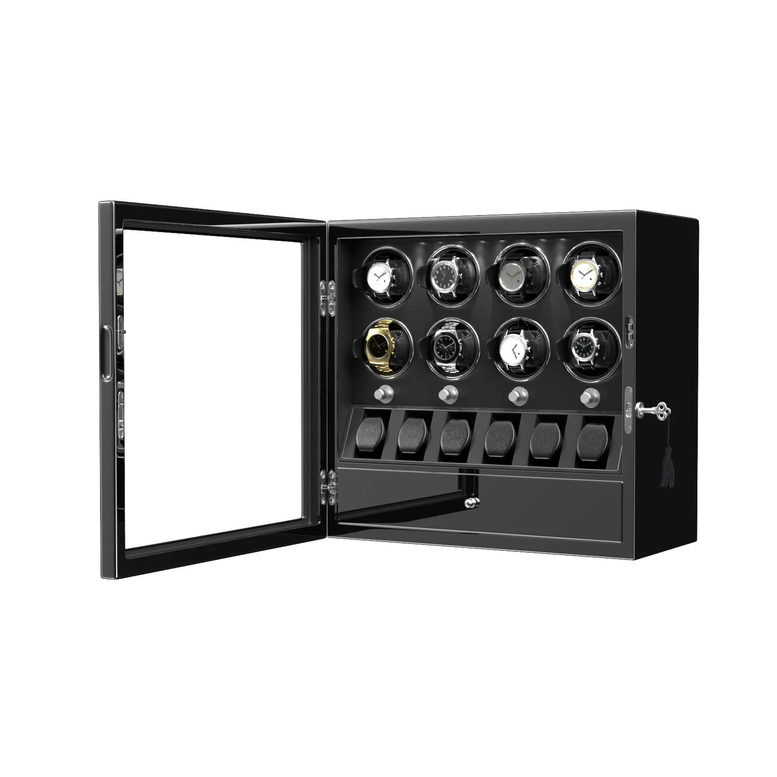 Compact 8 Watch Winders with 6 Watches Organizer Display Case- Black