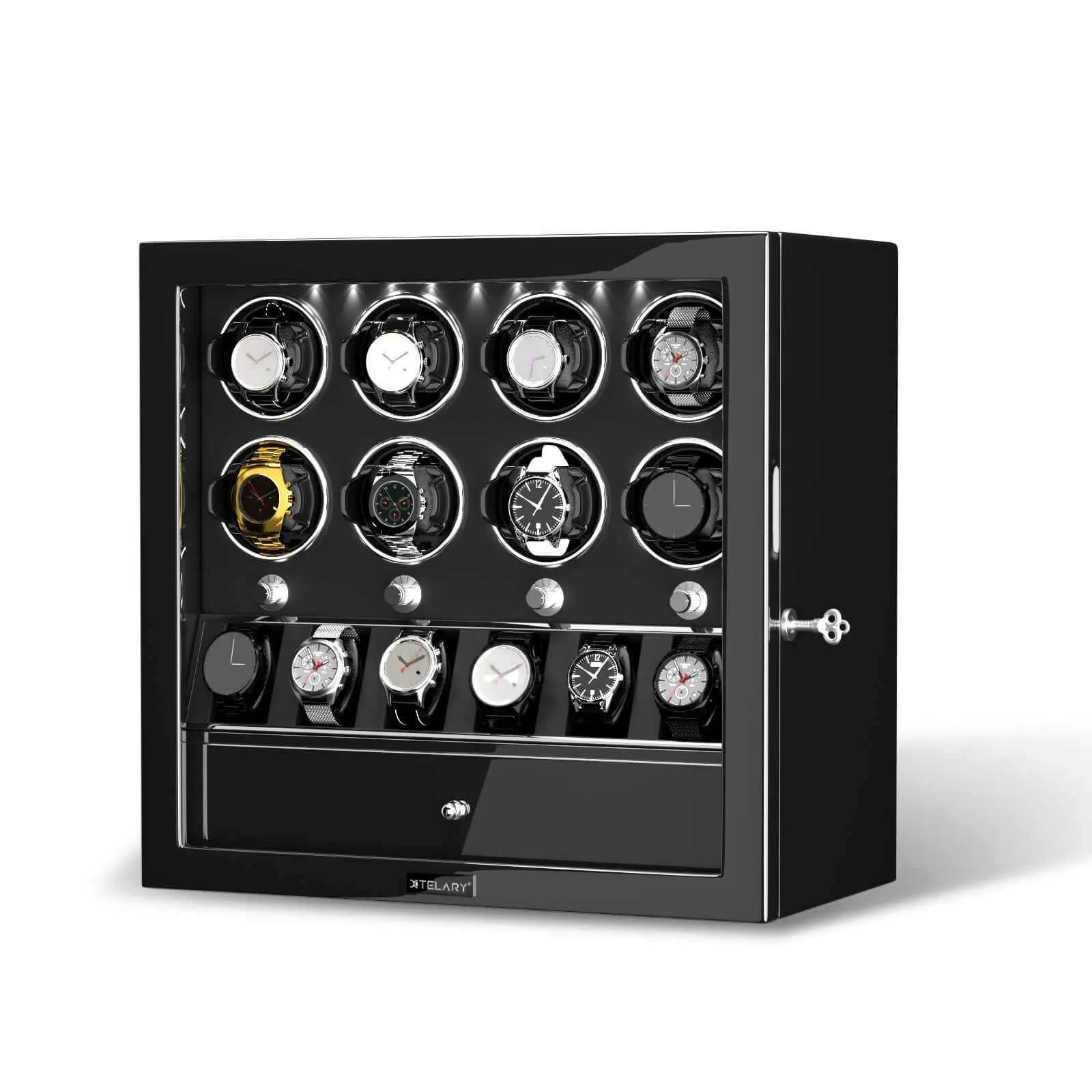 Compact 8 Watch Winders with 6 Watches Organizer Display Case- Black