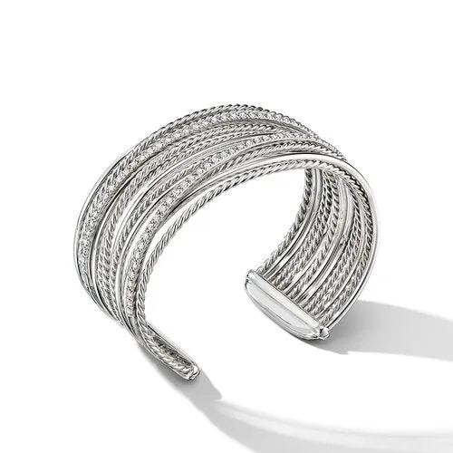 Crossover Cuff Bracelet in Sterling Silver with Pavé Diamonds