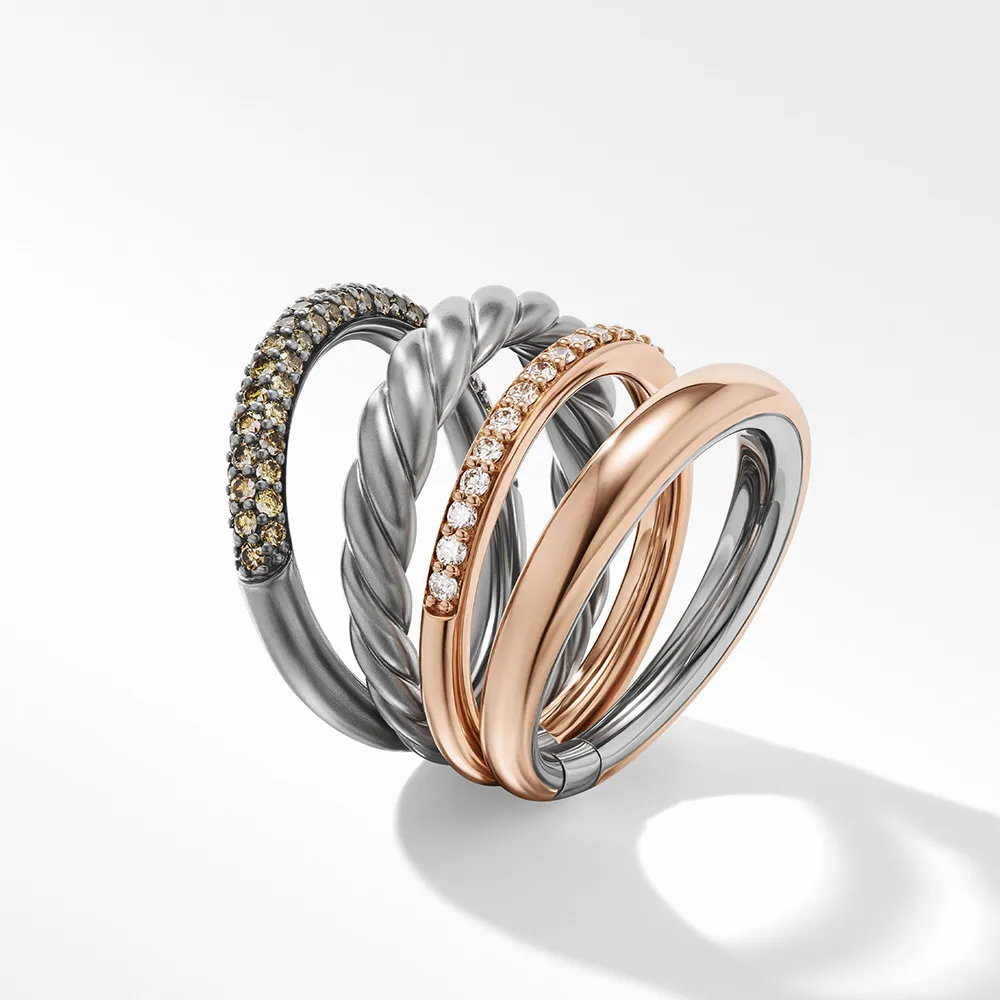 David Yurman DY Mercer™ Melange Multi Row Ring in Sterling Silver with 18ct Rose Gold and Pavé Diamonds