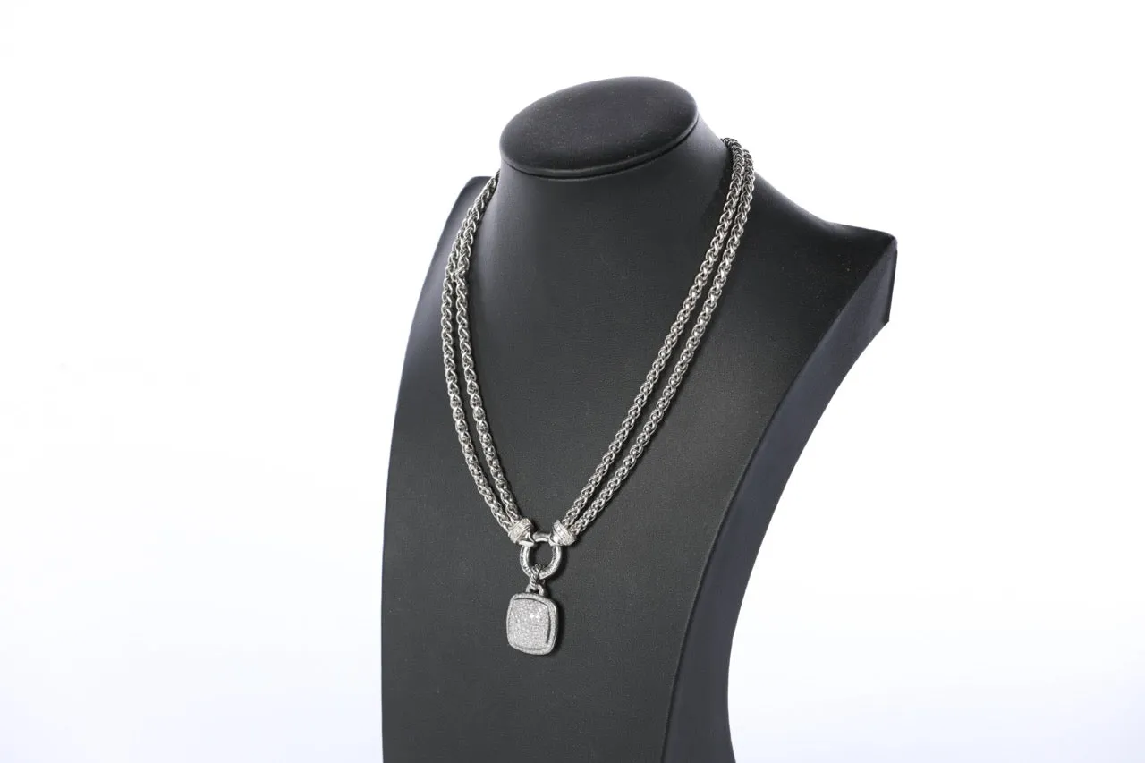 David Yurman Sterling Silver Diamond Pave Albion® Pendant, 17mm on Sterling Silver Double Wheat Chain Necklace with Diamonds, 4mm - 18"