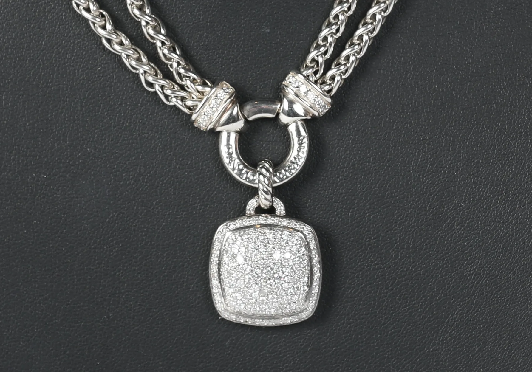 David Yurman Sterling Silver Diamond Pave Albion® Pendant, 17mm on Sterling Silver Double Wheat Chain Necklace with Diamonds, 4mm - 18"