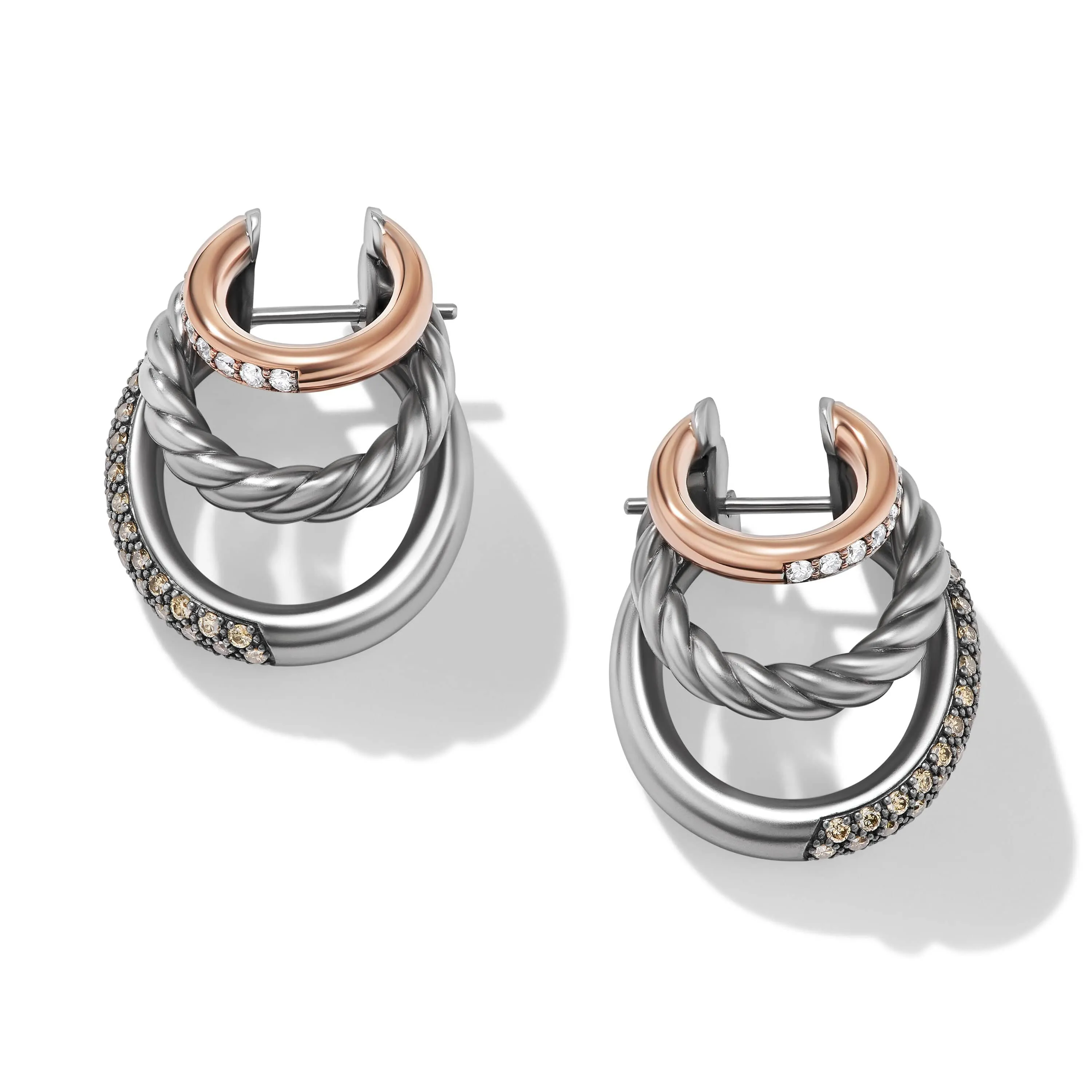 DY Mercer Melange Multi Hoop Earrings in Sterling Silver with 18K Rose Gold and Pavé Diamonds