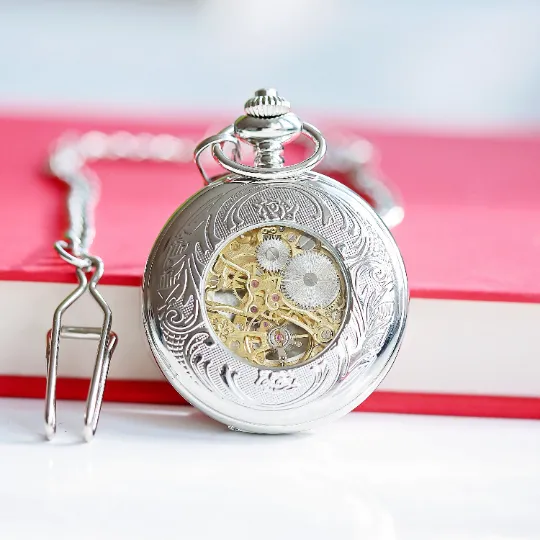 Engraved Roman Skeleton Pocket Watch