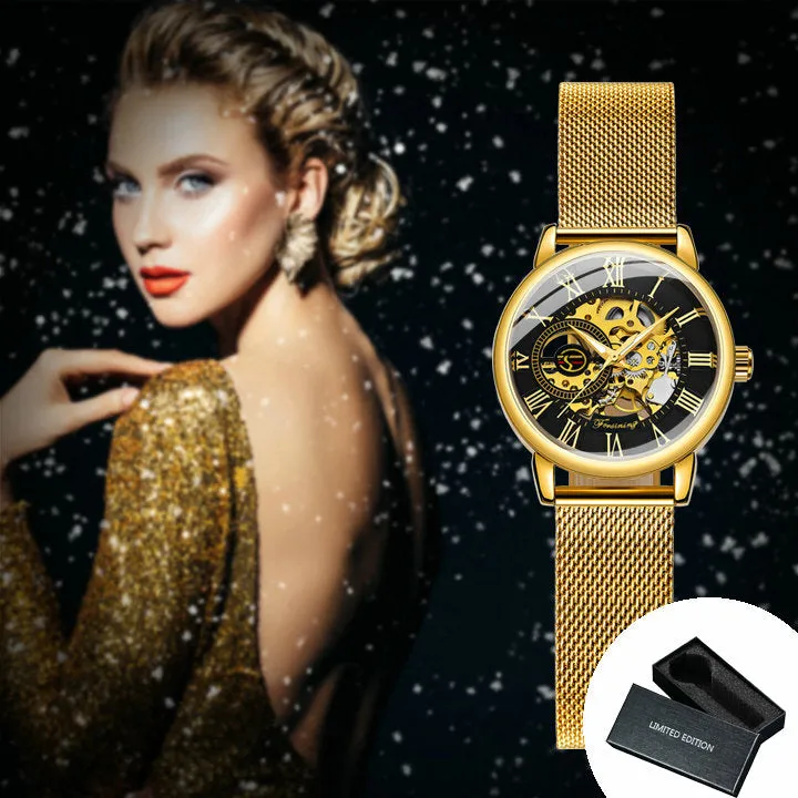 Forsining Fashion Elegant Rose Gold Mechanical Watch for Men Mesh Stainless Steel Strap Luxury Ladies Watches