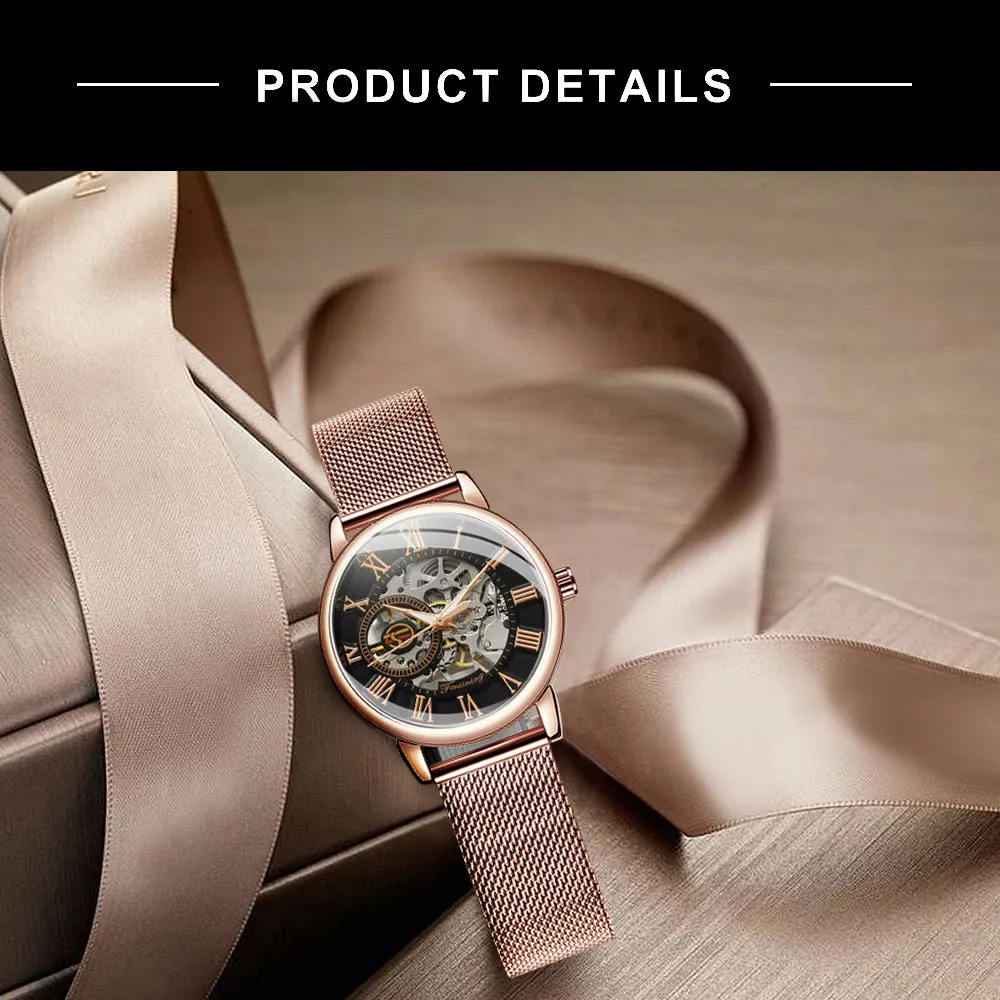 Forsining Fashion Elegant Rose Gold Mechanical Watch for Men Mesh Stainless Steel Strap Luxury Ladies Watches
