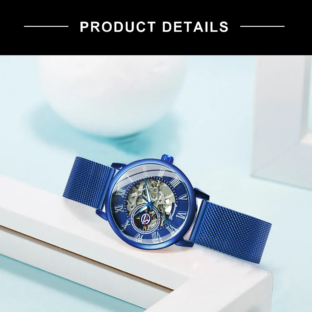 Forsining Fashion Elegant Rose Gold Mechanical Watch for Men Mesh Stainless Steel Strap Luxury Ladies Watches