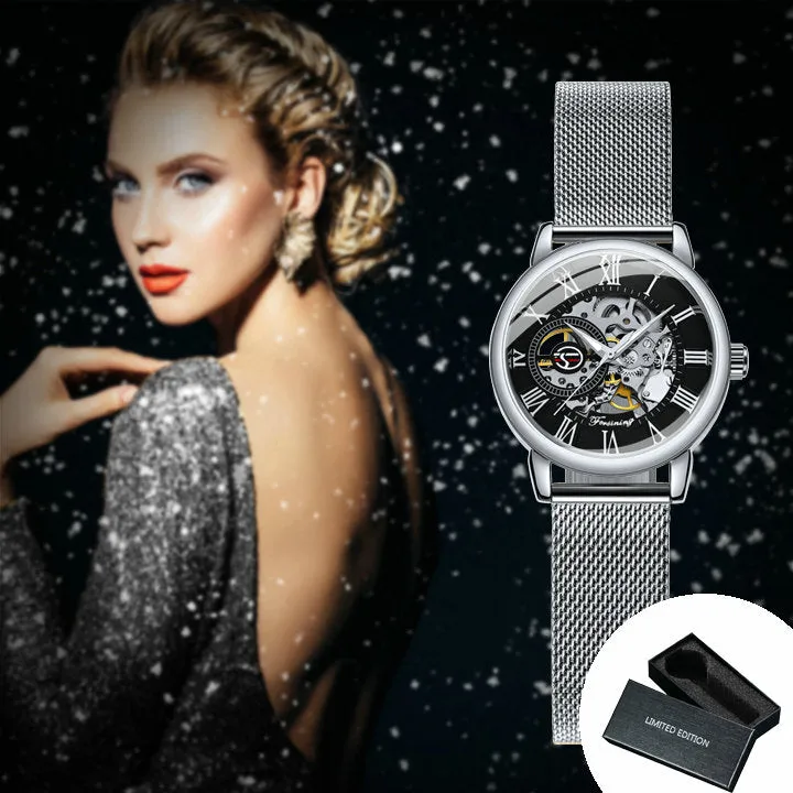 Forsining Fashion Elegant Rose Gold Mechanical Watch for Men Mesh Stainless Steel Strap Luxury Ladies Watches