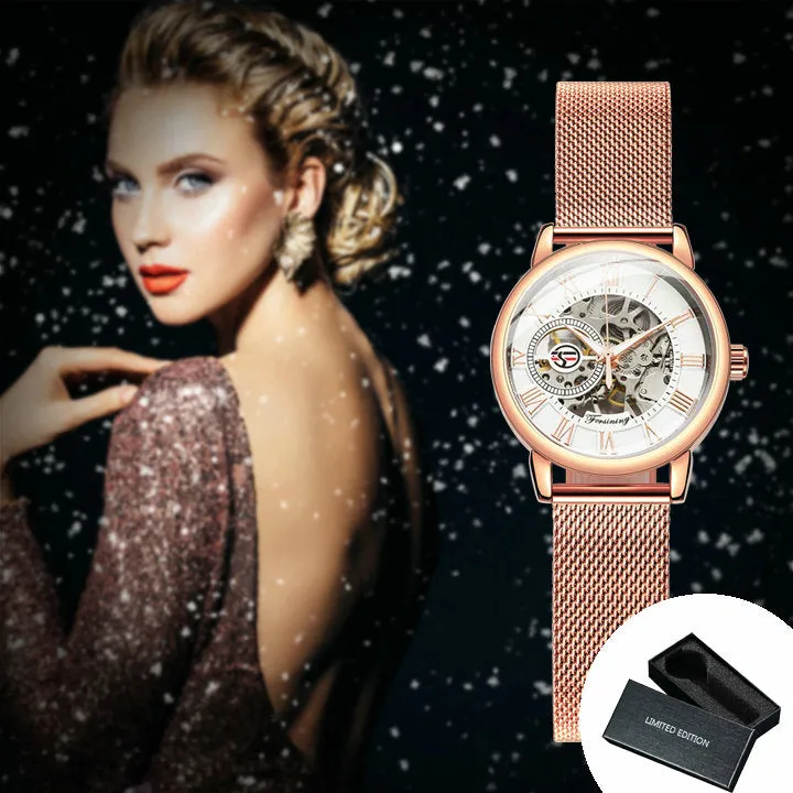 Forsining Fashion Elegant Rose Gold Mechanical Watch for Men Mesh Stainless Steel Strap Luxury Ladies Watches