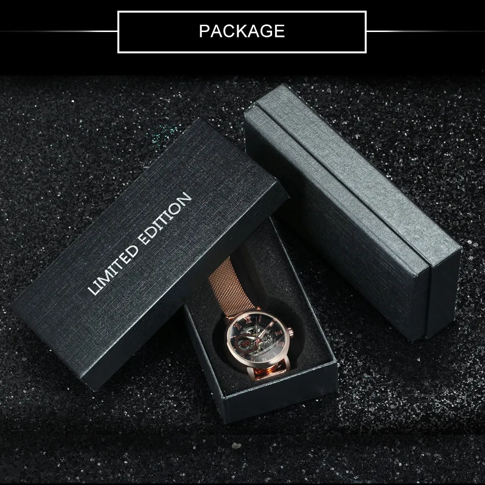 Forsining Fashion Elegant Rose Gold Mechanical Watch for Men Mesh Stainless Steel Strap Luxury Ladies Watches